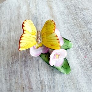 Herend Porcelain Yellow Butterfly on Flowers and Leaf Figurine